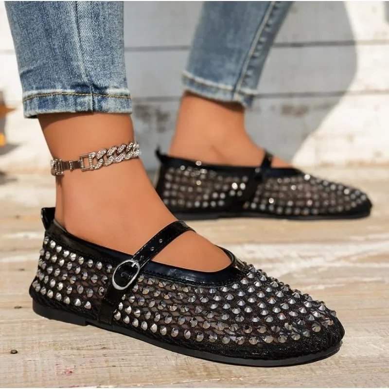 Mesh Atmungsaktive Strass Mode Vielseitige frauen Neue Ausländischen Stil Nische Gürtel Flache Weiche Sohlen Mary Jane Schuhe Frauen Schuhe