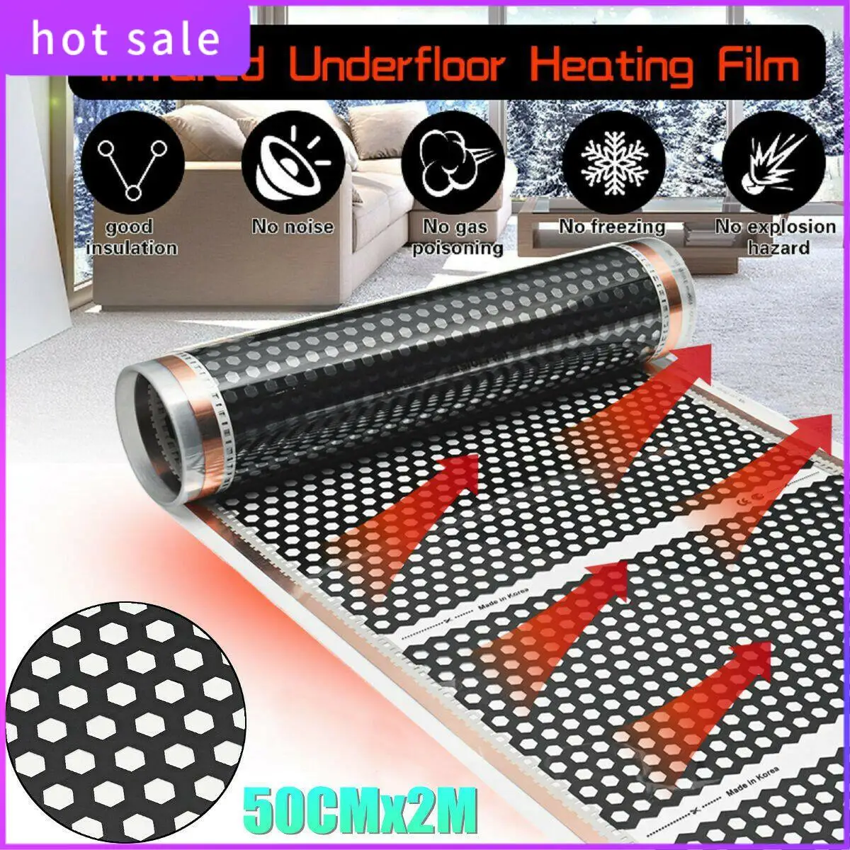 LICG-Bodenheizung, 50 cm x 2 m, Wabenheizung, elektrisch, Infrarot-Heizbodenfolie, 220 V Image