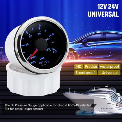 52MM Pointer Oil Pressure Gauge 7 Colors Backlight 0-10 Bar 0-150PSI Oil Press Meter NPT1/8 Pressure Sensor For 12V 24V Car Boat