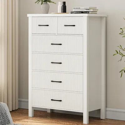 White Dresser 6 Dresser for Bedroom, Modern Fluted with Solid Wood Legs, Tall Double Wooden Large