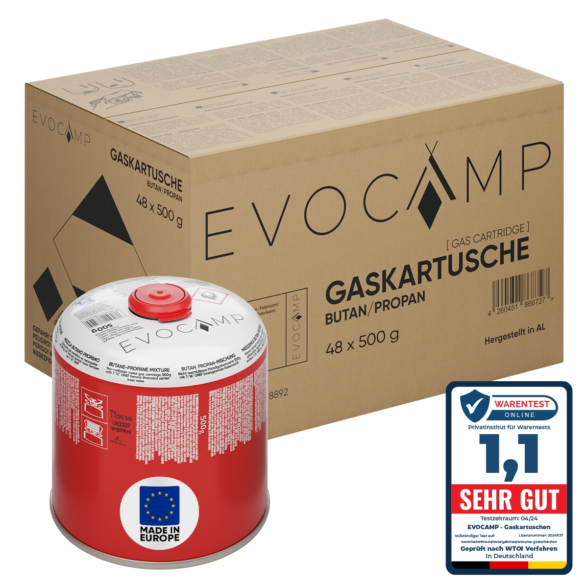 EVOCAMP 48x Gaskartuschen 500g mit Schraubventil Butan/Propan – Zuverlässige Energie für Gaskocher und Outdoor-Aktivitäten Image