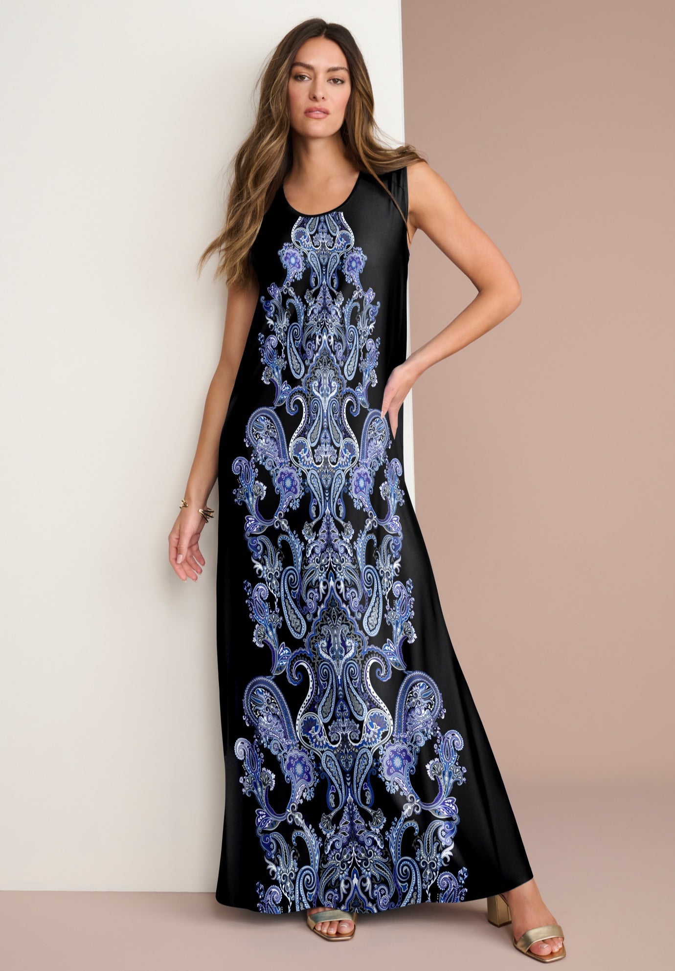 Plus Size Women's Plus Size Sleeveless Crew Neck Maxi Dress by Roaman's in Black Mirrored Paisley (Size 38/40)