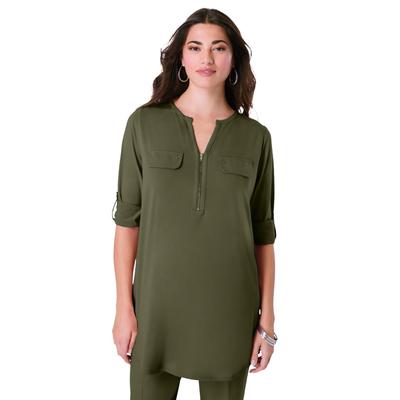 Plus Size Women's Zip Front Ultrasmooth® Fabric Tunic by Roaman's in Dark Olive Green (Size 30/32)