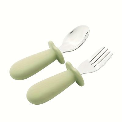 TEMU 2pcs Children's Short-handled Spoon And Fork Set, Solid Color Stainless Steel 316l Material With Silicone Handle, Bpa-free Baby Feeding Utensils Image