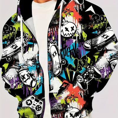 TEMU [1pc Men's Novelty Hooded Jacket] 1pc Men's Novelty Hooded Jacket, Casual Geometric Pattern Knit Polyester Fiber, Regular Fit Spring/autumn Outerwear With Zip Closure Image