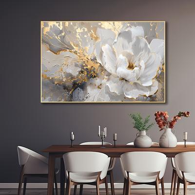 TEMU Elegant One-frame Abstract Floral Canvas Art Print - Modern White And Golden Wall Decor For Living Room And Bedroom, Large Decorative Painting, Image