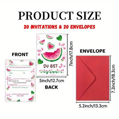 TEMU 20 Watermelon Summer Party Invitation Cards & Envelopes - Vibrant Watercolor Design With German Text, Birthdays, Family Reunions & Friend Gatherings Image