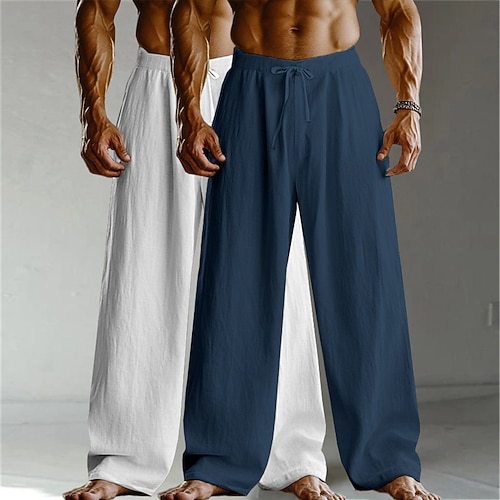 Herren Leinenhosen Hose Sommerhose Baggy-Hosen Strandhose Kordelzug Elastischer Bund Gerader Schnitt Einfach Komfort Atmungsaktiv Volle Länge Heim Täglich Ferien Urlaub Mode Weiß Khaki Khaki Image