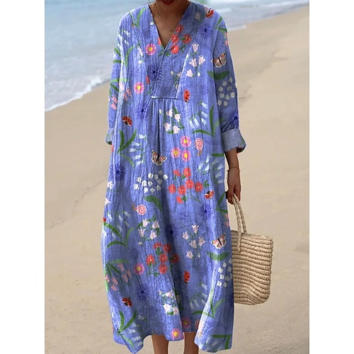 Womens Midi Kleid V-Ausschnitt Lange Ärmeln Kaftan Leicht Loose Fit A-Linie Kleid Lässig Boho Ausgehen Floral Grafik Lange Ärmeln V-Ausschnitt Pink Blau Helllila Fuchsia Image