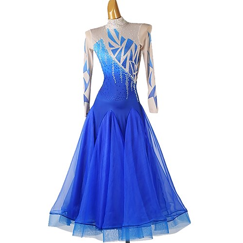 Gesellschaftstanz Kleid Strass Spleißen Damen Leistung Party Langarm Netzstoff Spandex Organza Image