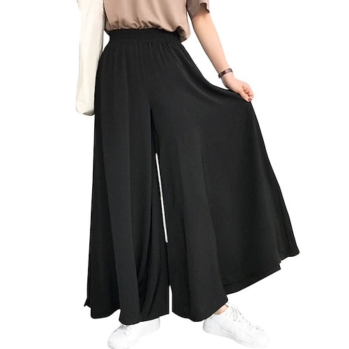 Damen Weites Bein Stoffhosen Streetwear Lässig Volle Länge Natürliche Taille Einfach Elastischer Bund Bequem Außenbereich Outdoor Streetwear Kamel Schwarz Blau Herbst Normale Passform Image