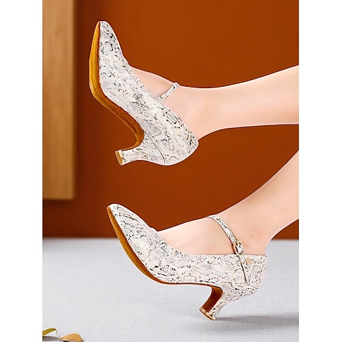 Professionelle Damen-Tanzschuhe mit Schlangenmuster, verstellbarem Knöchelriemen und mittlerem Absatz für Standard- und Lateintänze Image