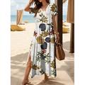 Damen Maxikleid Freizeitkleid Sommerkleid A Linie Kleid Elegant Urlaub Lässig Strand Normale Passform Blumen Grafik Blatt Kurzarm V Ausschnitt Schwarz und Weiß Gelb Rote Blau Sommer Frühling