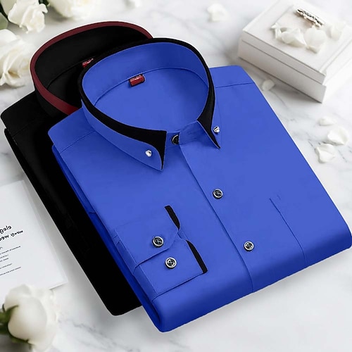 Herren Kleidhemd Durchgeknöpft Hemd Bügelfreies Hemd Einfarbig Hochzeit Geschäft RosaViolett Marineblau Schwarz BlauMarineblau Weiss schwarz Langarm Umlegekragen Ganzjahres Bekleidung Image