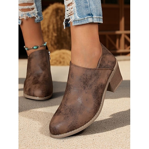Damen-Stiefeletten aus Kunstleder mit dickem Absatz – Vintage-Schlupfstiefel für Herbstoutfits, Tage auf dem Bauernhof und Spaziergänge auf dem Land Image