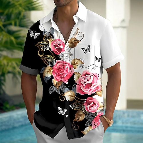 Herren Blumendruck Blumen Sommer Hawaiihemd Knopfhemd Alohahemd Kurzarm Hawaiianisch Ferien Strandbekleidung Sommer Frühling Umlegekragen 3D-Druck Hemden mit Kragen Eine Tasche vorne Weiß Image