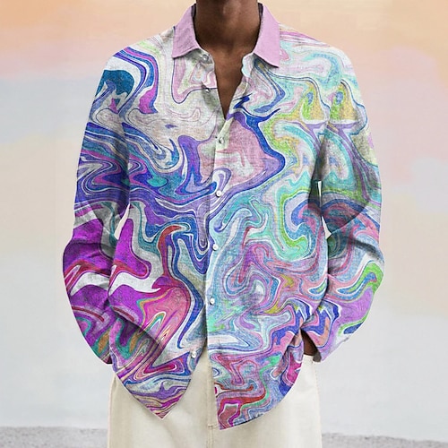 Herren Marmor Abstrakte flüssige Kunst Hemd Knopfhemd Langarm Modisch lässig Urlaub Täglich Frühling Herbst Umlegekragen 3D-Druck Leinenähnliches Hemd Rosa Purpur Grün Image