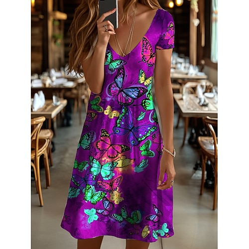 Damen Minikleid T-Shirt-Kleid A Linie Kleid Sommerkleid Urlaub Lässig Ferien Normale Passform Blumen Grafik Tiermotiv Kurzarm Rundhalsausschnitt Blau Gelb Rote Purpur Sommer Frühling Image