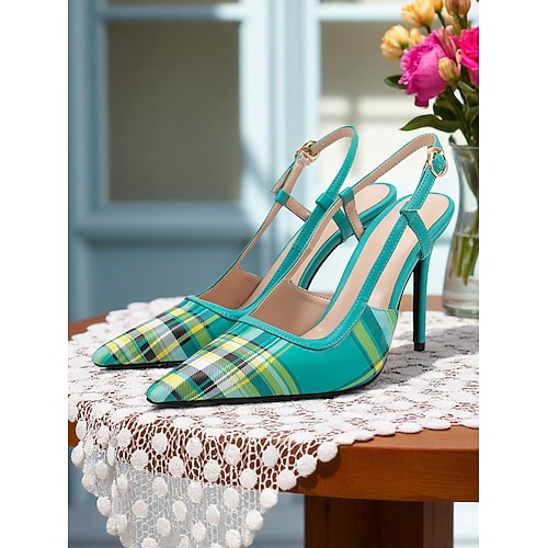 grüne karierte Slingback-Stilettos für Damen – High Heels mit spitzer Zehenpartie im Retro-Tartan-Stil für Frühlingspartys, Nachmittagstees und Vintage-inspirierte Looks Image