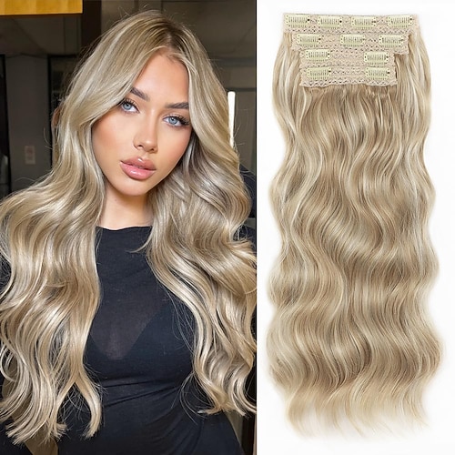 Haarverlängerungen, 4 Stück, zum Anklipsen, 50,8 cm, Strandblond, lang, gewellt, natürlich, weich, synthetische Haarteile für Frauen Image
