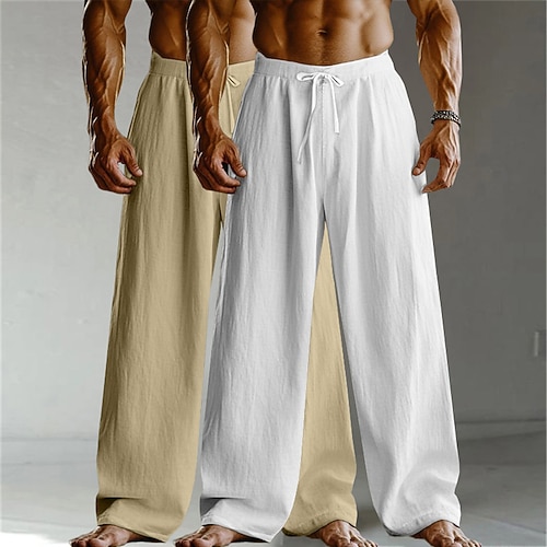 Herren Leinenhosen Hose Sommerhose Baggy-Hosen Strandhose Kordelzug Elastischer Bund Gerader Schnitt Einfach Komfort Atmungsaktiv Volle Länge Heim Täglich Ferien Urlaub Mode Weiß Khaki Khaki Image