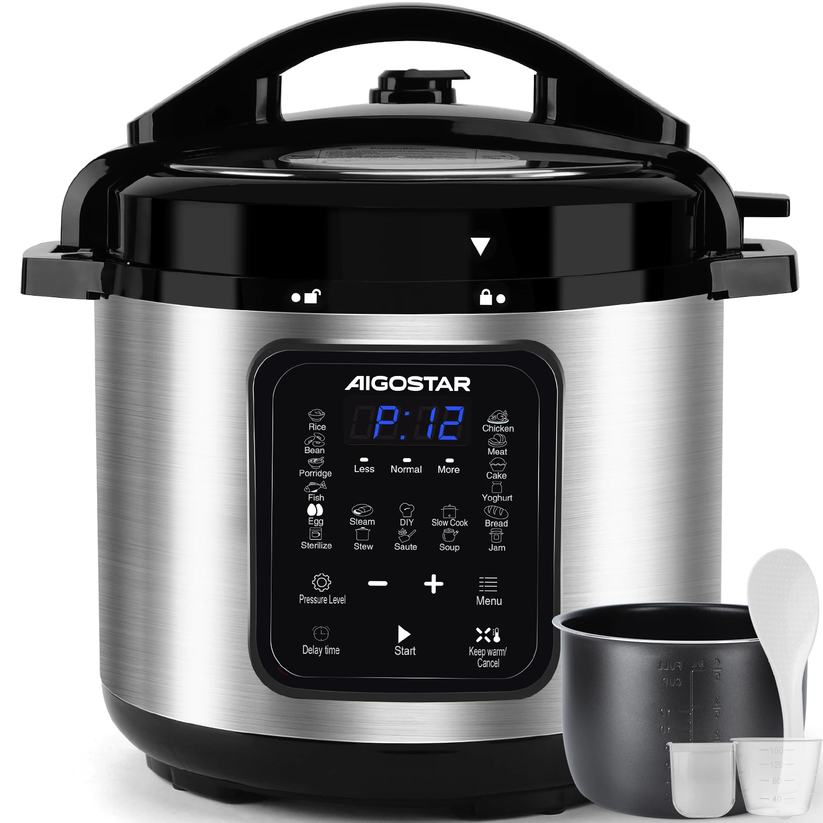 Aigostar Schnellkochtopf 6l, 18-in-1 Multikocher, Warmhalte, Antihaftbeschichteter, Einfache Reinigung, Digitaler Touchscreen, 1000 W Pressure Cooker, Rice Cooker, Slow Cooker, Dampfgarer, Edelstahl Image