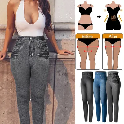 Women Jeggings Faux Denim Jeans Leggins High Waisted Tummy Control Slim Leggins Printed Pencil Pants New Skinny Trousers