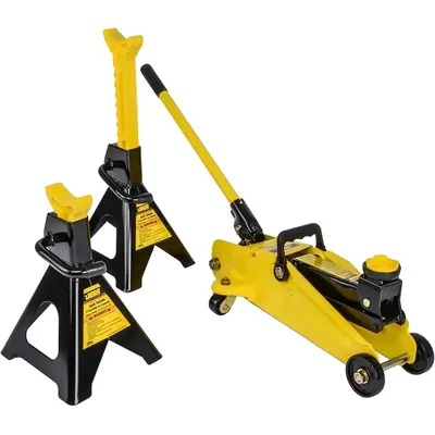 Hydraulic Utility Floor Jack and Jack Stands | 2-Ton Capacity | Heavy Gauge Steel Frames | Powder Coated Black and Yellow | Heav
