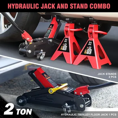 TOOLS-00280 Low Profile Hydraulic Trolley Service/Floor Jack Combo with 2 Ratchet Jack Stands, 2 Ton (4000 lbs) Capacity