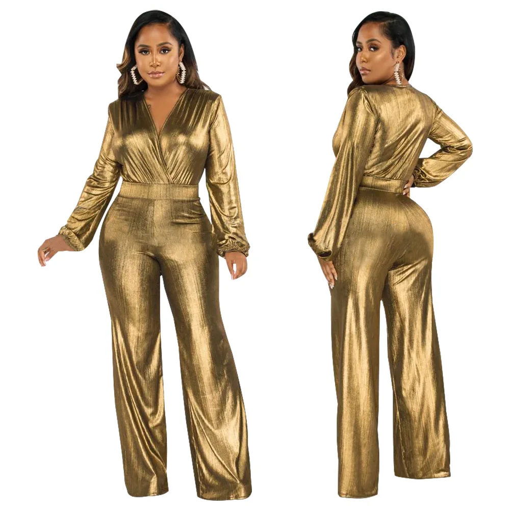 Glitter Metallic Party Nachtclub Overall Frauen 2024 Herbst elegante Langarm hohe Taille weites Bein Hosen Stram pler für Frauen Image