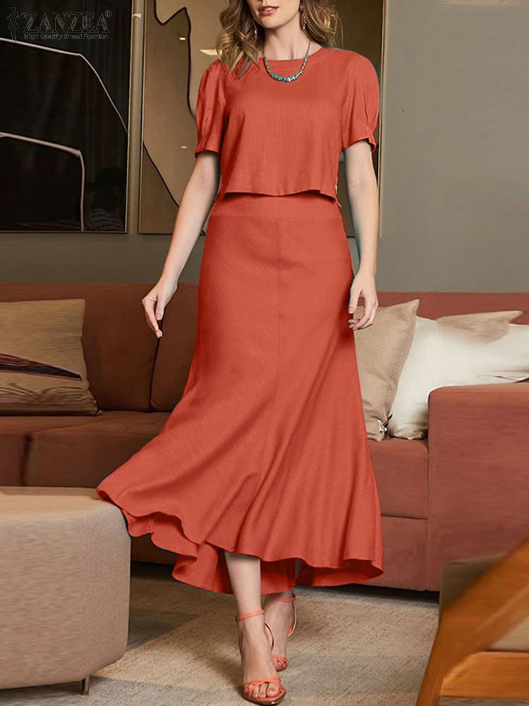 Elegante set di abiti da lavoro estivi OL ZANZEA Completi da donna 2 pezzi Tuta solida Camicetta a maniche corte Vestito estivo Set di due pezzi di moda
