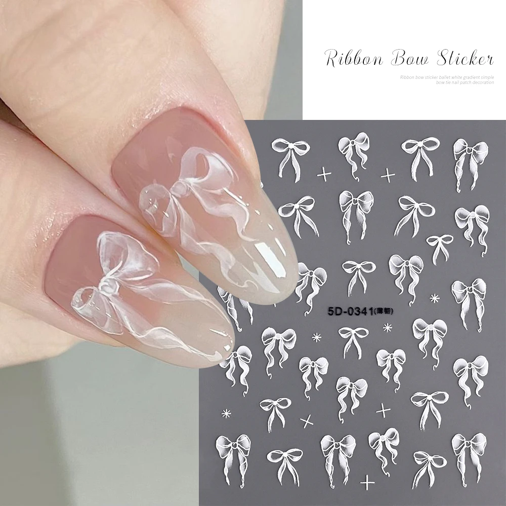 1 Stück weiß/rosa Schleife/Spitzenband 5D Nail Art Aufkleber bunte Schleife/Krawatten selbstklebende Slider süße Valentinstag Maniküre Aufkleber Image