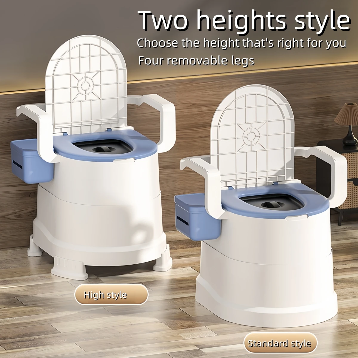1-teilige tragbare Toilette in Blau/Grau/Braun mit ergonomischer Rückenstütze und Deckel, geeignet für Camping, Outdoor-Aktivitäten, Badezimmer, Schlafzimmer, Balkon, Wandern, Reisen, schwangere Image