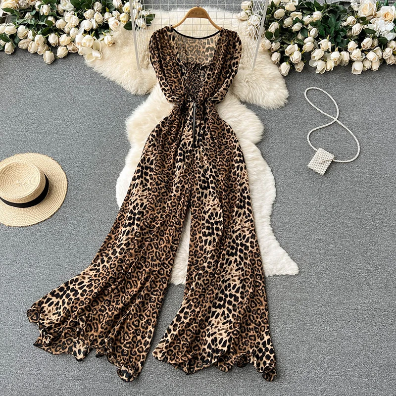 Weibliche Mode Temperament Square Neck Ärmellose Overall Sommer Leopard Neue Kollektion Taille Cinching Schlank Breite Bein Hosen Image