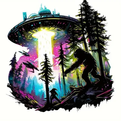 Sasquatch Forest UFO trifft auf Vinyl-Aufkleber-wasserdichter, sonnen beständiger Aufkleber mit Geschenksc haber, vielseitig für Autos, Lastwagen, m Image