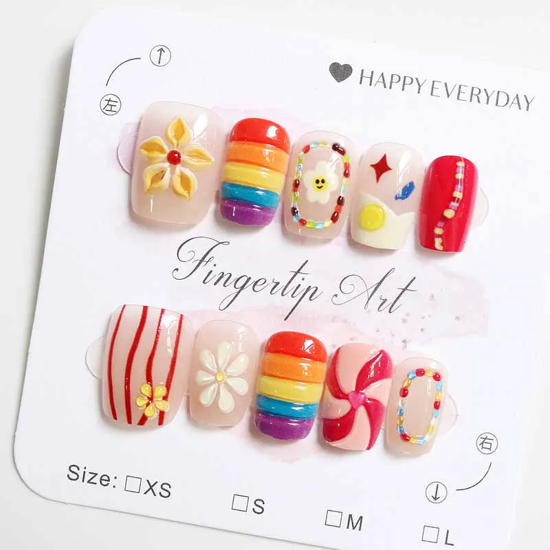 10 Stück bunte Blumen für Mädchen im französischen Stil, Sonnenblume, 3D-Relief, Regenbogen, weiße Rose, einfaches Temperament, zum Aufdrücken der Nägel, Nagelkunst Image