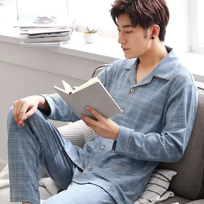 Baumwolle Männer Pyjama Set Herbst Winter Langarm Cardigan plus Größe Männer Modelle von zu Hause Kleidung Plaid Nachtwäsche 2 teile/satz Image