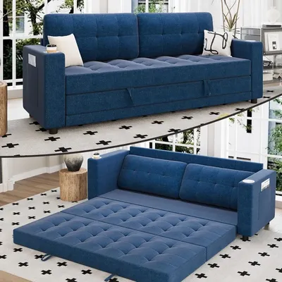 83" W 84" L Queen Size Sofa Bed, 6" Thick Upholstery Loveseat Sleeper Sofa Pull Out Couch, Convertible Floor Couch