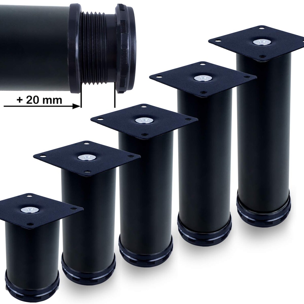 ID Dinkel Möbelfuße verstellbar 50mm Sofafuß Küchenfuß Sockelfüße Bettfüße Bein Schwarz MATT 200 mm Image