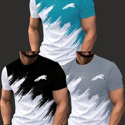 TEMU 3pcs Men's Casual Crew Neck Short Sleeve T-shirts - Geometric Pattern, Lightweight Polyester, Regular Fit, Black, White, Light Blue, Beige, Summer Tee Shirts Image