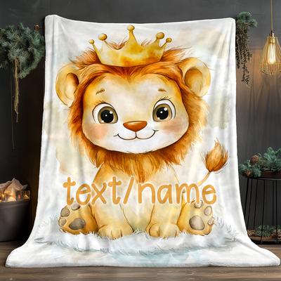 TEMU Custom Name Cute Blanket - Lightweight Flannel Throw With , For Sofa, Camping, Living Room, Office, Chair, And Bed - , | |polyester Fabric, Lion Image