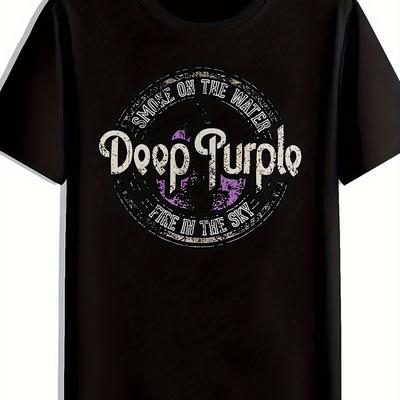 "TEMU Men's Graphic T-shirt- Black Distressed Lettering Short Sleeve Tee With "deep Purple"& Retro Logos, Summer Casual Shirt For Concerts& Festivals, Tshirt| Retro Logo Tshirt| Machine Washable, Band" Image