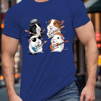 TEMU Men's Rock Band Guinea Pigs Print T-shirt, Casual Crew Neck Short Sleeve Tee, 100% Polyester Knit Fabric, Stretch, Summer Regular Fit Top - 150gsm Image