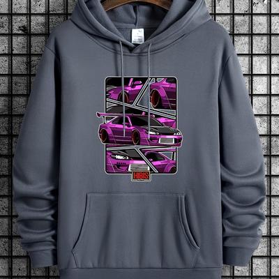 TEMU Creative Racing Car Men's Trendy Long Sleeve Hooded Sweatshirt, Drawstring Hoodie With Kangaroo Pocket, Casual Comfortable Top For Autumn And Winter Image