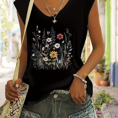 TEMU Women's Sleeveless V-neck T-shirt With Vibrant Floral Print - Casual, Comfortable Polyester Top For , Black With Colorful Flowers Design, Everyday Top | Floral Print Top | Stylish Casualwear Image
