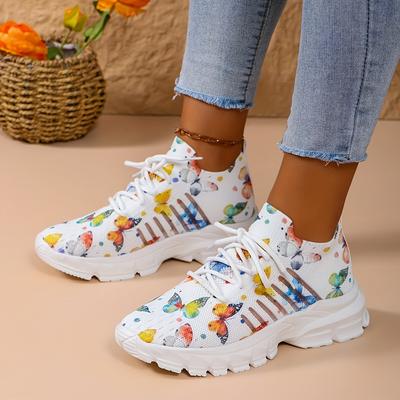TEMU Women's Lightweight Breathable Fashion Sneakers - Print, Lace-up Casual Sneakers With Sole, Low-, White Fabric Upper, Comfortable For Casual Attire Image