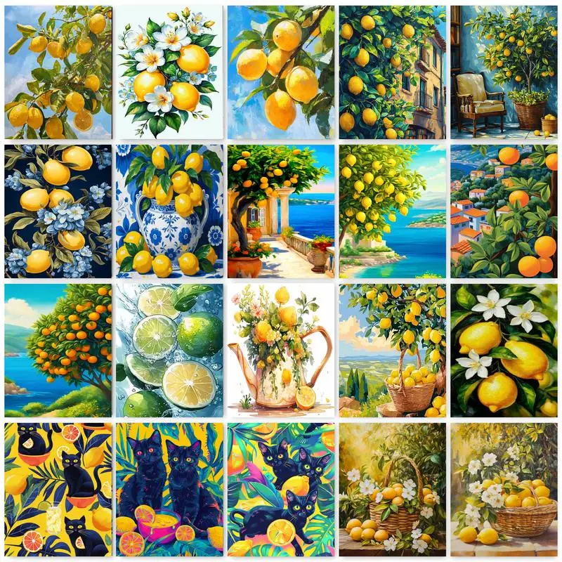 Gatyztoire moderne bricolage peinture par numéros Kits paysage photo de coloriage par numéros peinture acrylique citron arbre pour adultes bricolage Gif