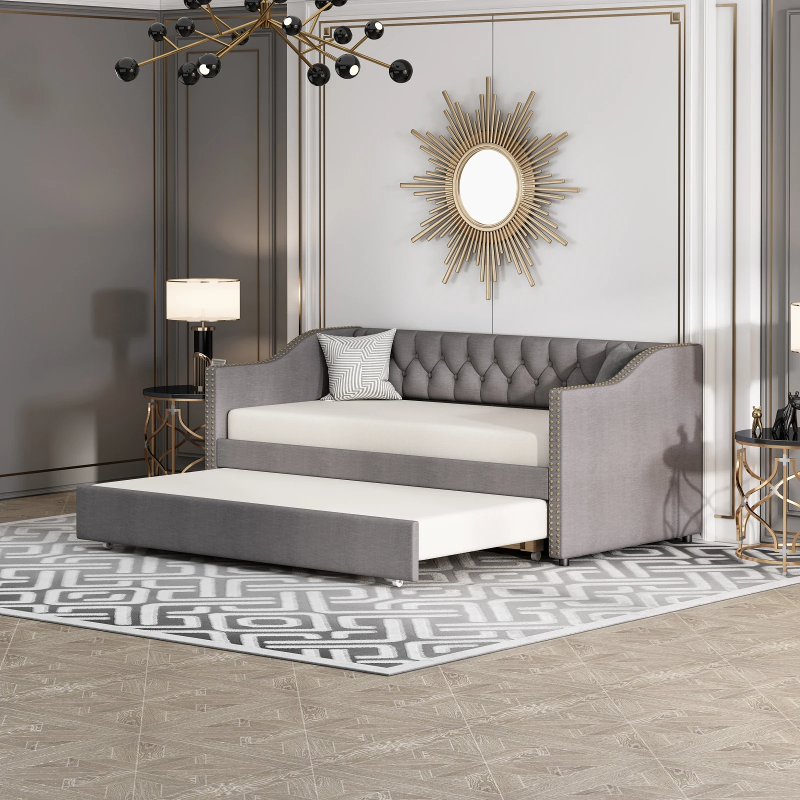 Rosahqnda Polsterbett Schlafsofa 90x200, Ausziehsofa Bett strapazierfähiges Leinenstoff Jugendbett Kinderbett Gästebett