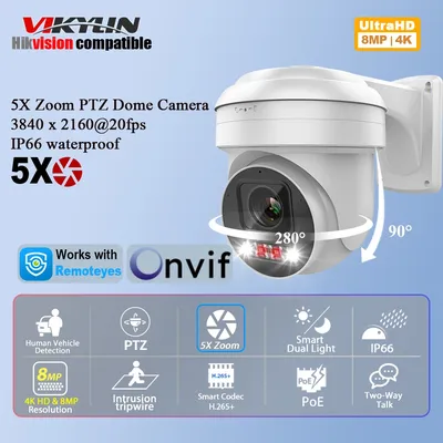 Vikylin 8 MP 4K IP-Kamera mit 5x Zoom und Vollfarb Nachtsicht für Hikvision POE kompatibel Audio Menschliche Fahrzeugerkennung PTZ-Kamera Outdoor Home CCTV Video Surveillance Kamera