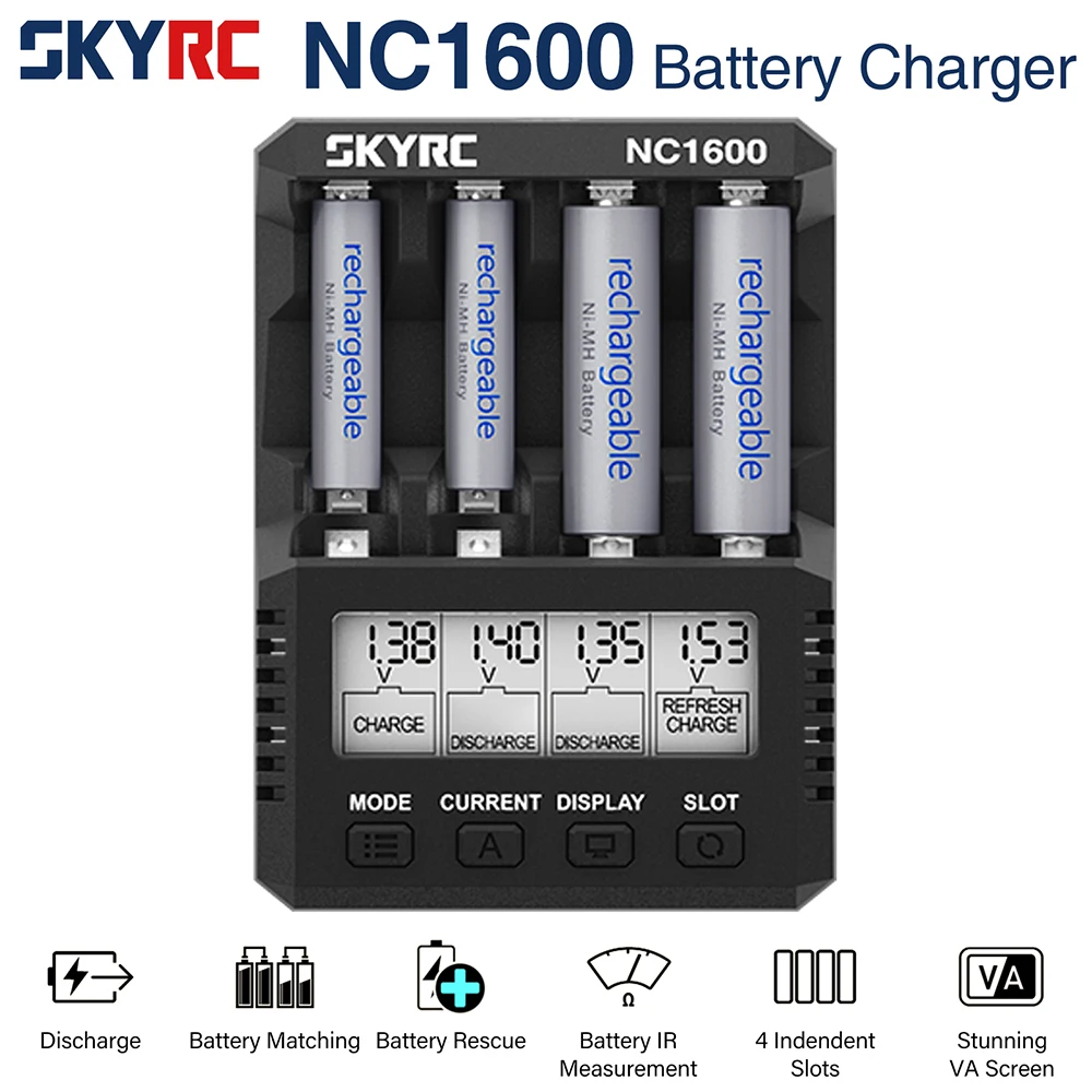 SKYRC NC1600 AA/AAA-Batterieladegerät, 15 W, 3000 mAh, 4 unabhängige Steckplätze, 3 Arbeitsmodi, weitreichendes Batterieladegerät mit VA-Bildschirm Image